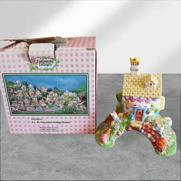Cottontale Cottages Porcelain Bunny  Bridge House Figurine - Picture 1 of 8